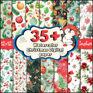 35+ Watercolor Christmas Digital Paper, Christmas Gnome Wallpaper, Xmas Santa Seamless Pattern, Snow Man Background, Merry Christmas Clipart