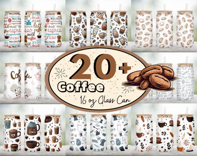 Peut inclure: Plus de 20 designs de caf&eacute; pour des canettes en verre de 473 ml. Les designs pr&eacute;sentent des grains de caf&eacute;, des tasses &agrave; caf&eacute;, des cafeti&egrave;res et d'autres images li&eacute;es au caf&eacute;. Les designs sont de couleurs et de styles vari&eacute;s.