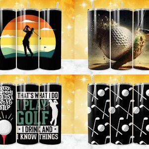 May include: Set of three black and white stainless steel tumblers with golf-themed designs. One tumbler features a golfer swinging a club, another has a golf ball and club, and the third has a repeating pattern of golf balls and clubs.