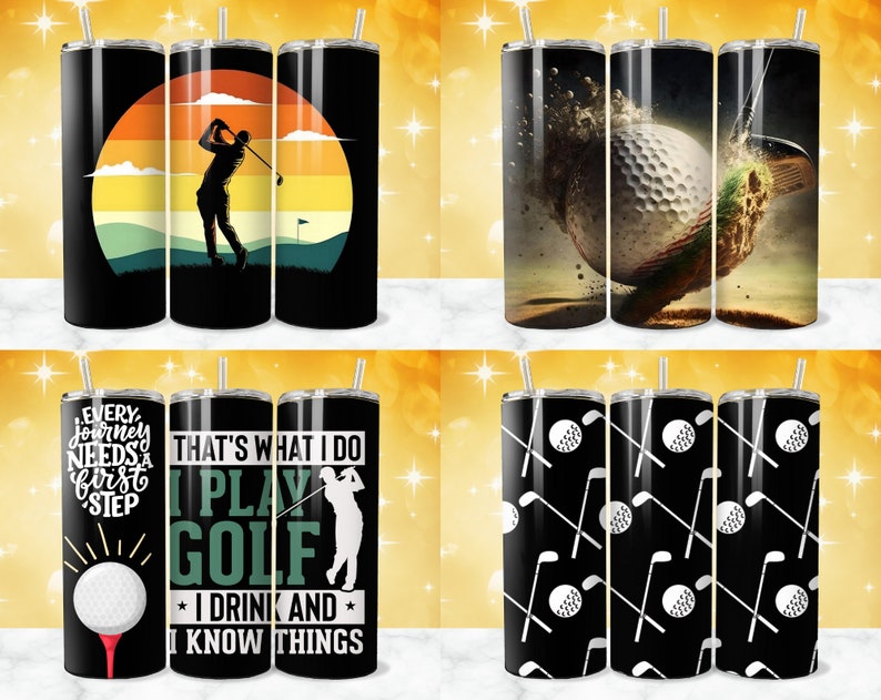 May include: Set of three black and white stainless steel tumblers with golf-themed designs. One tumbler features a golfer swinging a club, another has a golf ball and club, and the third has a repeating pattern of golf balls and clubs.