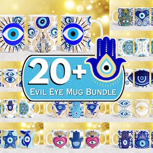 Könnte beinhalten: Eine Sammlung weißer Keramikbecher mit blauen und goldenen Designs des bösen Blicks. Die Becher zeigen verschiedene Muster, darunter die Hamsa-Hand und geometrische Formen. Das Bild enthält den Text "20+ Evil Eye Mug Bundle".