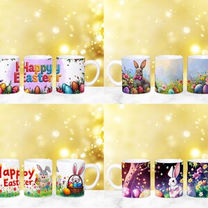 May include: Set of 10 white ceramic mugs with various Easter-themed designs. The designs include bunnies, eggs, and the text "Happy Easter".