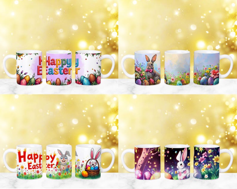 May include: Set of 10 white ceramic mugs with various Easter-themed designs. The designs include bunnies, eggs, and the text "Happy Easter".