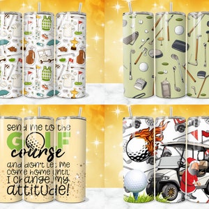May include: Set of three 20 oz stainless steel tumblers with various golf-themed designs. One design features a white background with colourful golf-related icons, another has a green background with golf clubs and balls, and the third has a white background with a golf cart, golf balls, and a golfer in a Santa hat.