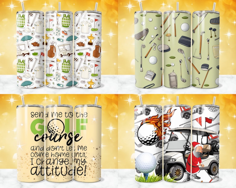 May include: Set of three 20 oz stainless steel tumblers with various golf-themed designs. One design features a white background with colourful golf-related icons, another has a green background with golf clubs and balls, and the third has a white background with a golf cart, golf balls, and a golfer in a Santa hat.