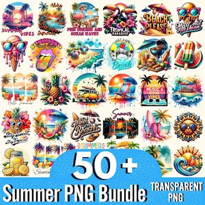 May include: A collection of over 50 summer-themed PNG graphics. The designs feature beach scenes, tropical elements, and phrases like "Summer Vibes," "Aloha," and "Beach Please." The images are colorful and include illustrations of sunsets, palm trees, and sunglasses.