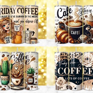 K&ouml;nnte beinhalten: Vier Kaffeebecher mit Deckel und Strohhalmen. Designs beinhalten "Friday Coffee" mit einer Cartoon-Frau, "Cafe" mit Kaffee und Geb&auml;ck, "Coffee Time" mit einer Kaffeetasse und einem Kaktus sowie "Today's Vibe Coffee" mit Blumen- und Leopardenmuster.