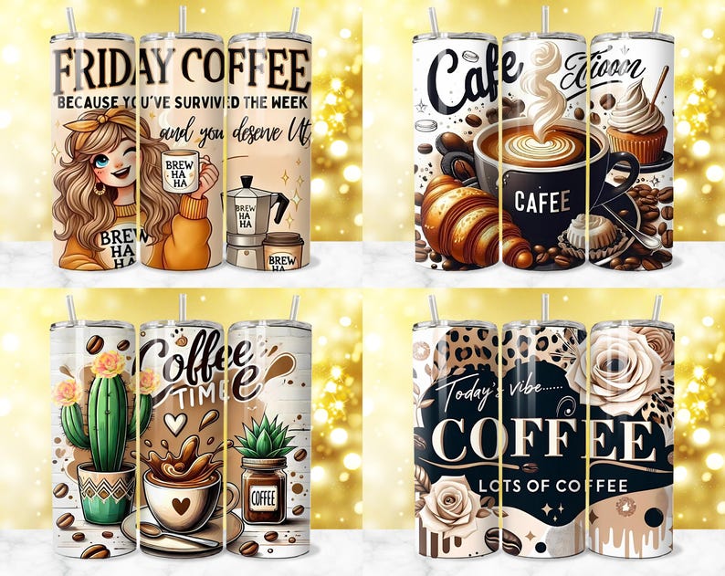 K&ouml;nnte beinhalten: Vier Kaffeebecher mit Deckel und Strohhalmen. Designs beinhalten "Friday Coffee" mit einer Cartoon-Frau, "Cafe" mit Kaffee und Geb&auml;ck, "Coffee Time" mit einer Kaffeetasse und einem Kaktus sowie "Today's Vibe Coffee" mit Blumen- und Leopardenmuster.