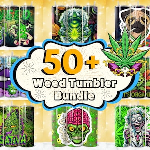 May include: A set of 50+ colourful tumblers with various weed-themed designs. The designs include cartoon characters, marijuana leaves, and the word "Sativa".
