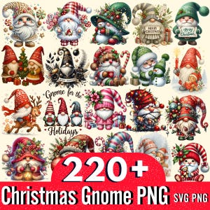 Könnte beinhalten: Eine Sammlung von Weihnachtszwerg-Illustrationen in verschiedenen Stilen. Die Zwerge sind mit festlichen Hüten, Bärten und Weihnachtsdekorationen dargestellt. Der Text "Gnome for the Holidays" und "220+ Christmas Gnome PNG SVG PNG" ist enthalten.