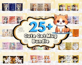 Cute Cat Mug Wrap Designs, 11oz 15oz, PNG (Digital Download)