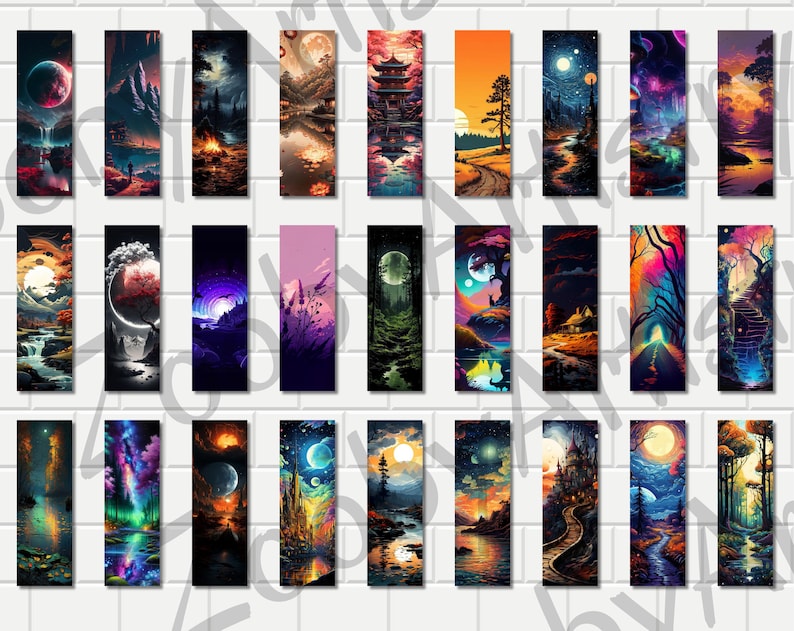 May include: A collection of 24 digital art prints featuring a variety of landscapes, including forests, mountains, and starry skies. The prints are in a vertical format and have a vibrant color palette.