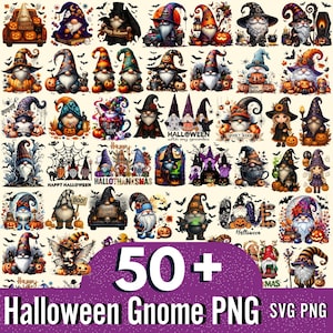 May include: A collection of over 50 Halloween gnome PNG and SVG images. The gnomes are depicted in various poses and costumes, with pumpkins, bats, and witch hats. The color palette includes orange, black, purple, and green.