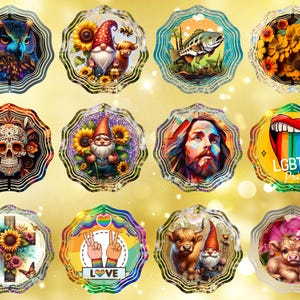 May include: A collection of twelve decorative, scalloped-edge stickers. The stickers feature various designs, including an owl, gnomes, a fish, flowers, a skull, Jesus, a rainbow tongue, a cross with sunflowers, peace signs, a cow, and a calf.