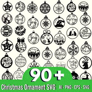 Può includere: Una collezione di oltre 90 file SVG di taglio per decorazioni natalizie in bianco e nero. Gli ornamenti presentano vari design, tra cui fiocchi di neve, stelle, renne, campane e saluti natalizi.