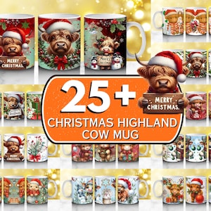 May include: A collection of white ceramic mugs featuring festive Highland cows wearing Santa hats. Each mug has a different Christmas design, including the text "Merry Christmas" and "Mooky Christmas". The mugs are decorated with holiday elements.