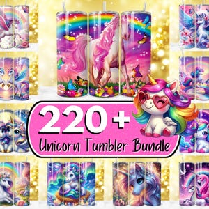 Könnte beinhalten: Eine Sammlung von Bechern zum Thema Einhörner mit verschiedenen Designs, darunter Einhörner, Regenbogen und Schmetterlinge. Die Becher sind in verschiedenen Farben wie Rosa, Lila und Blau gehalten. Der Text "220+ Unicorn Tumbler Bundle" ist ebenfalls enthalten.