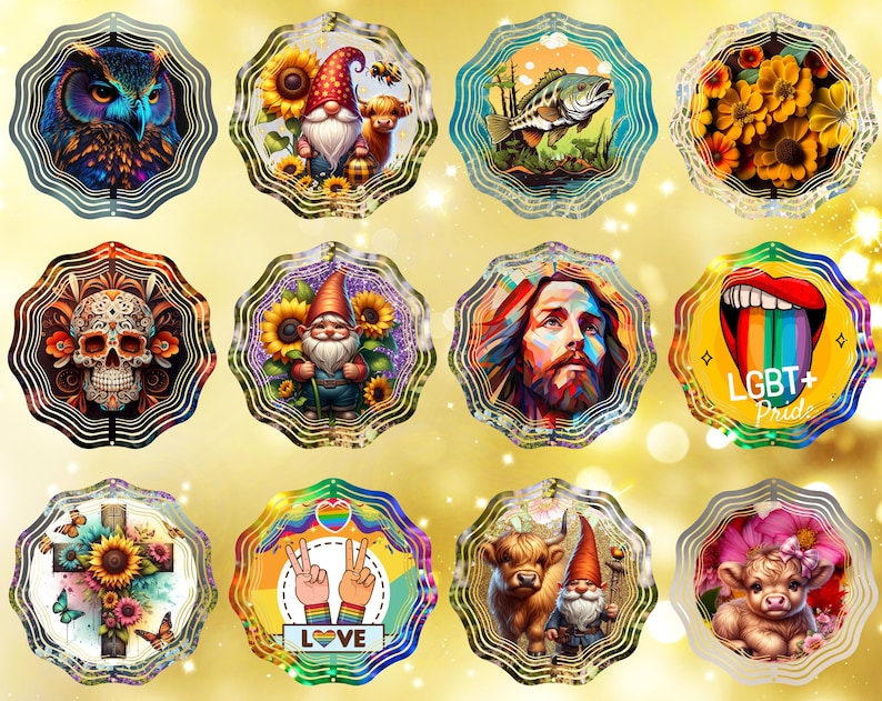 May include: A collection of twelve decorative, scalloped-edge stickers. The stickers feature various designs, including an owl, gnomes, a fish, flowers, a skull, Jesus, a rainbow tongue, a cross with sunflowers, peace signs, a cow, and a calf.
