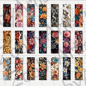 May include: A set of 24 digital printable bookmark designs featuring colorful floral patterns. The bookmarks are perfect for adding a touch of elegance to any book.
