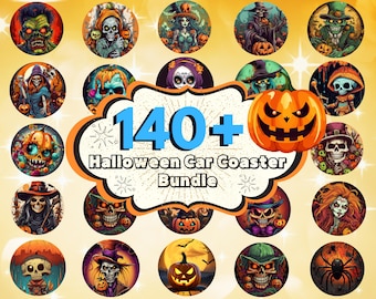 140 + Zestaw projektów podstawek samochodowych na Halloween, podstawka samochodowa na upiorny sezon, okrągła podstawka samochodowa na Halloween, podstawka samochodowa w duchy, podstawka samochodowa w horrorze PNG