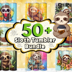 Könnte beinhalten: Ein Set mit über 50 farbenfrohen Faultier-Becherdesigns. Die Becher zeigen verschiedene Faultier-Illustrationen, darunter Faultiere, die Kaffeetassen halten, in Hängematten entspannen und tropische Früchte genießen. Die Designs sind perfekt, um Ihrem Alltag einen Hauch von Verspieltheit zu verleihen.