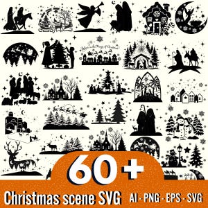 Puede incluir: Una colección de más de 60 archivos SVG de escenas navideñas en blanco y negro. Las imágenes incluyen una variedad de temas navideños, como una escena de la natividad, Papá Noel, renos, muñecos de nieve y árboles de Navidad.