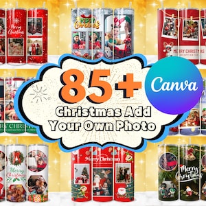 85 + diseños de envolturas para vasos con fotos propias para Navidad, diseños de envolturas para vasos con fotos propias de Xmas Canva, sublimación de fotos, collage de fotos de Navidad PNG