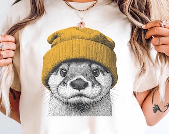 Otter in Beanie Comfort Colors Shirt -Cozy Retro 90s Animal Pullover, Cute Otter Tee, Otter Holiday Tee, Sea Animal Christmas, Otter Lovers
