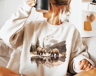 Retro Grizzly Bear Wilderness Scene Sweatshirt, 90s Vintage Brown Bear Outfit, Boho Unisex Crewneck, Forest, Nature, Outdoor Lover Gift