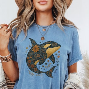 Orca Shirt Vintage Flower Patterns Floral, Orca Whale Tee, Vintage Whale Shirt,Whale Lover Gifted,Killer Whale Shirt,Ocean Whale Orca Gifted