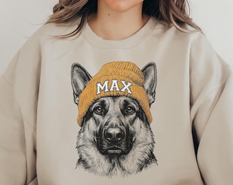 Personalized German Shepherd in Beanie Sweatshirt -Cozy Retro 90s Animal Pullover, Dog Lover Gift, Pet Sweatshirt,German Shepherd Lover Gift