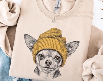 Chihuahua in Beanie Sweatshirt -Cozy Retro 90s Animal Pullover, Chihuahua Lover Shirt, Gift for Chihuahua Dog Mama, Birthday Gift