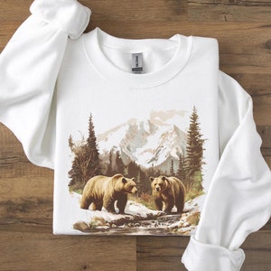 Moletom retrô com cena selvagem de urso pardo, roupa vintage de urso pardo dos anos 90, gola redonda unissex boho, floresta, natureza, presente para amantes do ar livre