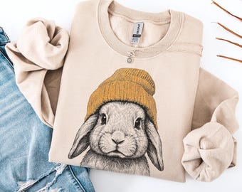 Bunny in Beanie Sweatshirt -Funny Bunny Lover Tee, Rabbit Lover Gift, Bunny Tee, Cute Bunny Easter Day Gift, Bunny Sweatshirt