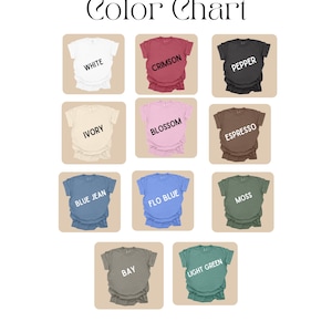 May include: A color chart displaying eleven short-sleeve t-shirts in various shades labeled White, Crimson, Pepper, Ivory, Blossom, Espresso, Blue Jean, Flo Blue, Moss, Bay, and Light Green. The text Color Chart is centered at the top of the image.