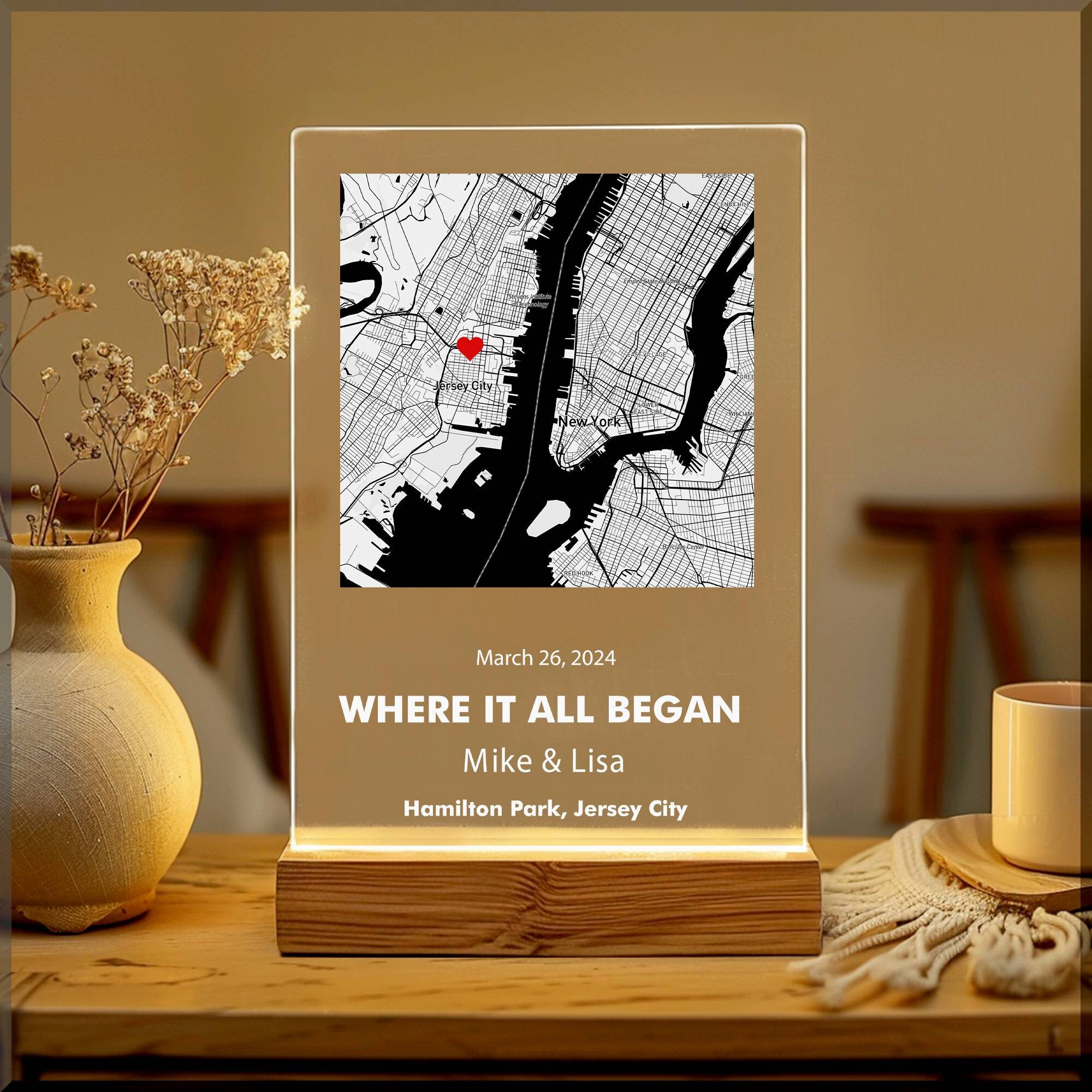 Custom First Date Map, Acrylic Plaque Where We Met, Personalized Where It All Began Map, Anniversary Gift, Minimalist Home Decor