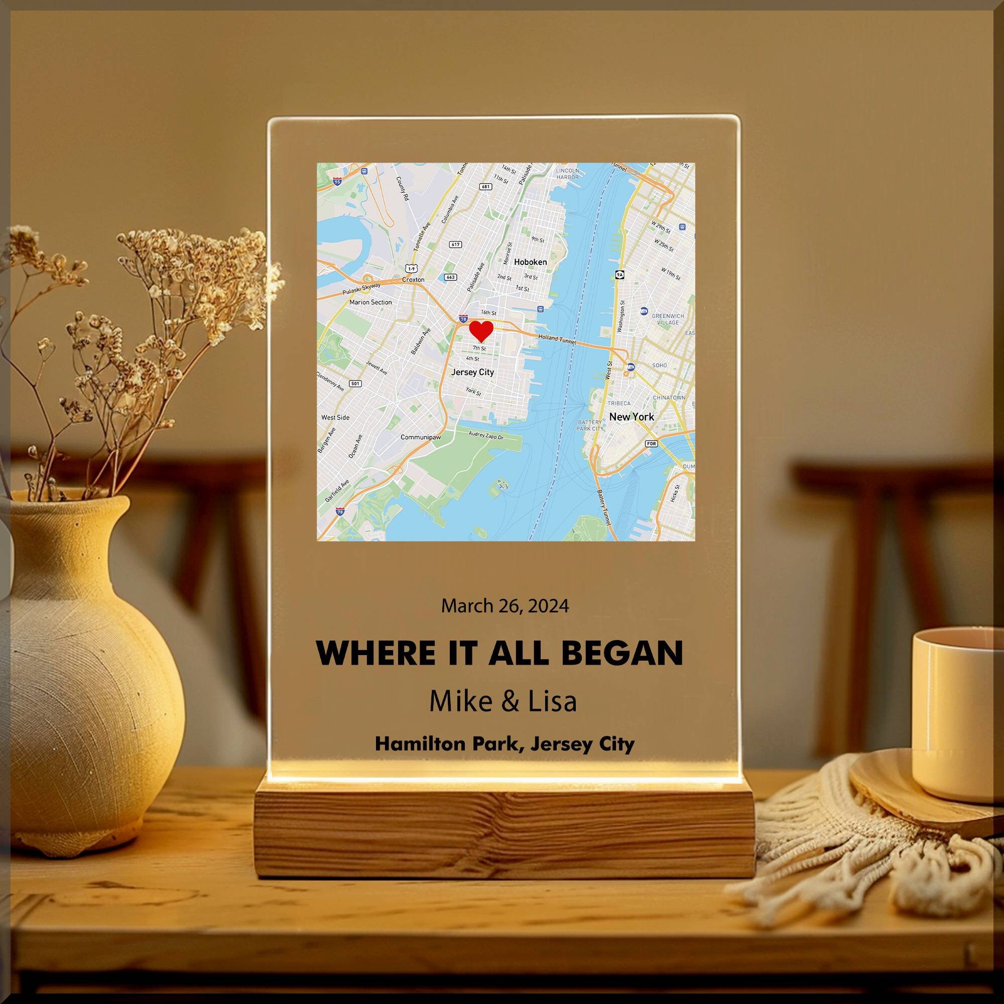 Custom First Date Map, Acrylic Plaque Where We Met, Personalized Where It All Began Map, Anniversary Gift, Minimalist Home Decor