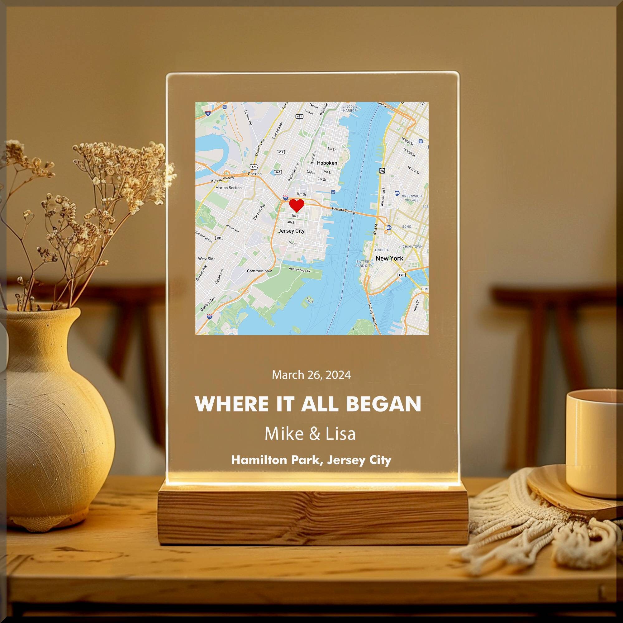 Custom First Date Map, Acrylic Plaque Where We Met, Personalized Where It All Began Map, Anniversary Gift, Minimalist Home Decor