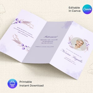 Lavender Trifold Funeral Program Template | Purple Editable Canva Memorial Brochure | Instant Download | For Woman