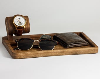 Solid Walnut Valet Tray with Watch Stand - Wooden Catch All Tray - Mens Nightstand Organizer