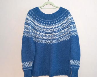 Handknitted Blue Nordic Wool Sweater with a patterned yoke