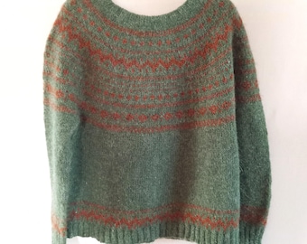 Hand Knitted Green Nordic Sweater, Icelandic Lettlopi Wool Pullover
