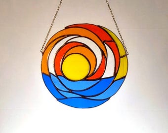 Sunset Stained Glass Suncatcher - Ocean Wave Window Hanging, Colorful Sun and Sea Glass Art