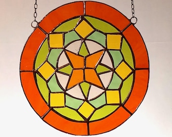 Stained Glass Suncatcher, Geometric Mandala, blue or orange