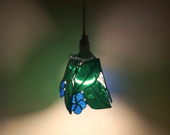 Floral Stained Glass Pendant Lamp, Handmade Green Leaf & Blue Flower Lamp Shade