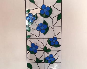 Stained Glass Blue Flowers Panel, Handmade Floral Window Hanging