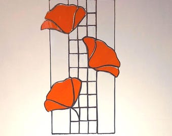 Stained Glass Orange Poppy Panel, Floral Window Decoration