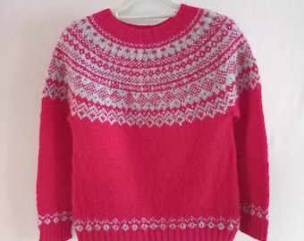 Hand Knitted Red Nordic Wool Sweater With a Light Gray Patterned Yoke