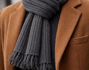 Hand Knitted Wool Scarf, Dark Grey Warm Winter Scarf, Unisex