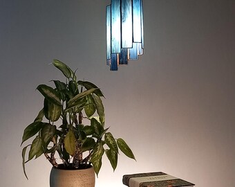 Blue Stained Glass Pendant Lamp, Handmade Tiffany Style Hanging Light, Art Deco Inspired Lamp Shade